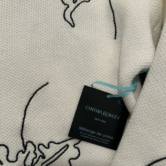 Cynthia Rowley White Crewneck Sweater with Black Floral Outline Stitching - Picture 2 of 3